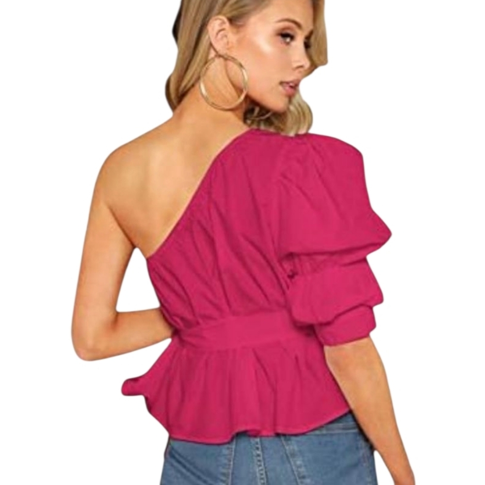 Women's Pink One Shoulder Puff Sleeve Top Sz Small